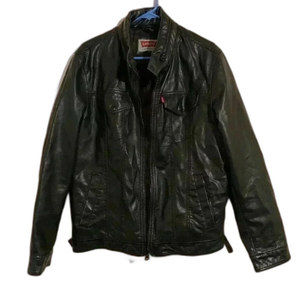 Levi’s Levi Strauss & Co Men’s Faux Leather Jacket Foldable Hood Black